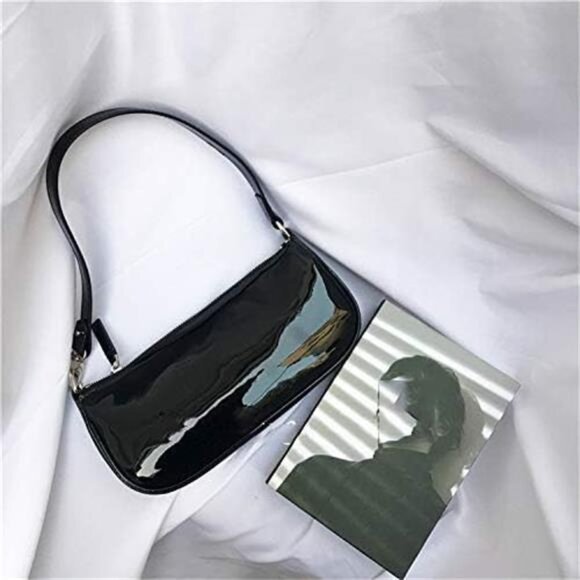 Black Patent Leather Clutch Purse Shoulder Bag Evening Handbag Wedding Party - Picture 7 of 8